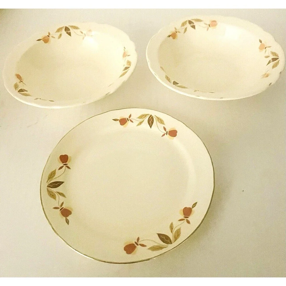 Vintage Hall China Autumn Leaf 3 Dessert Cereal  Bowls and 1 Dessert Dish